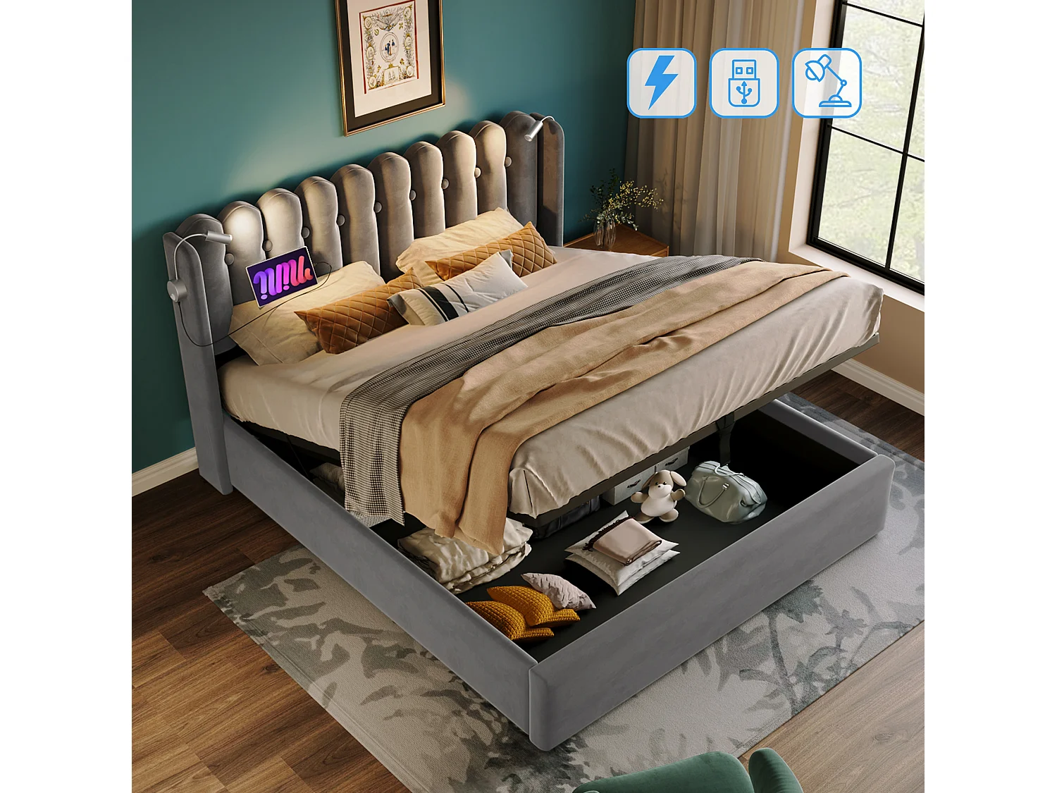 Lit rembourré double 160x200 cm avec lampe de lecture, port USB et tête de lit à rangement, velours gris, avec matelas