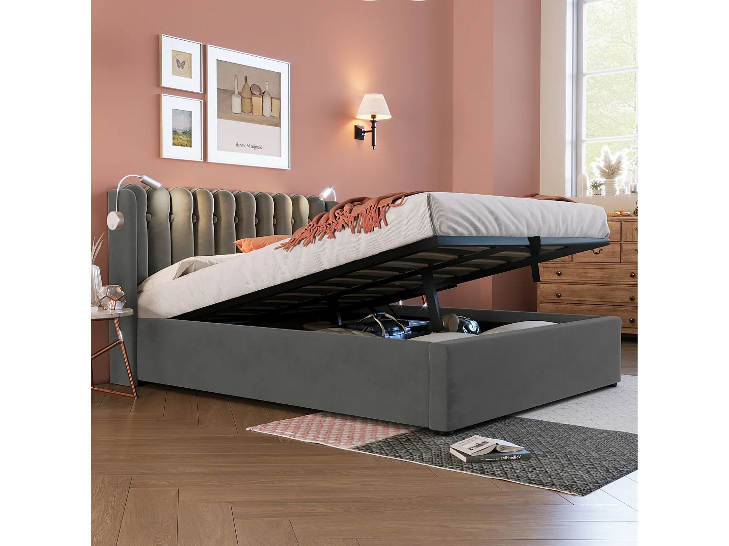 Lit rembourré double 160x200 cm avec lampe de lecture, port USB et tête de lit à rangement, velours gris, avec matelas