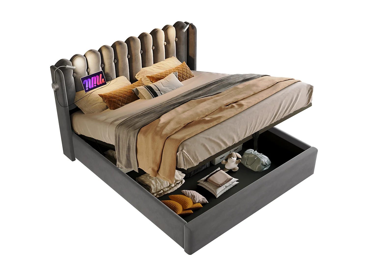 Lit rembourré double 160x200 cm avec lampe de lecture, port USB et tête de lit à rangement, velours gris, avec matelas