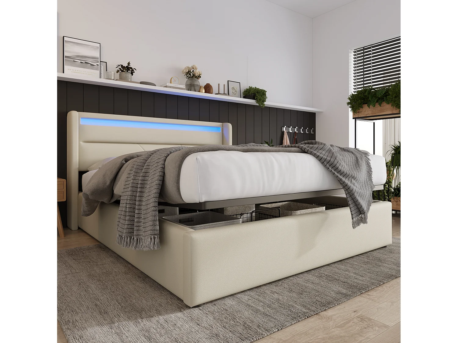 Gepolsterd Bed Tweepersoons 140x200 Hydraulisch Met LED, Opbergruimte, Houten Lattenbodem, Similicuir Wit (met Matras)