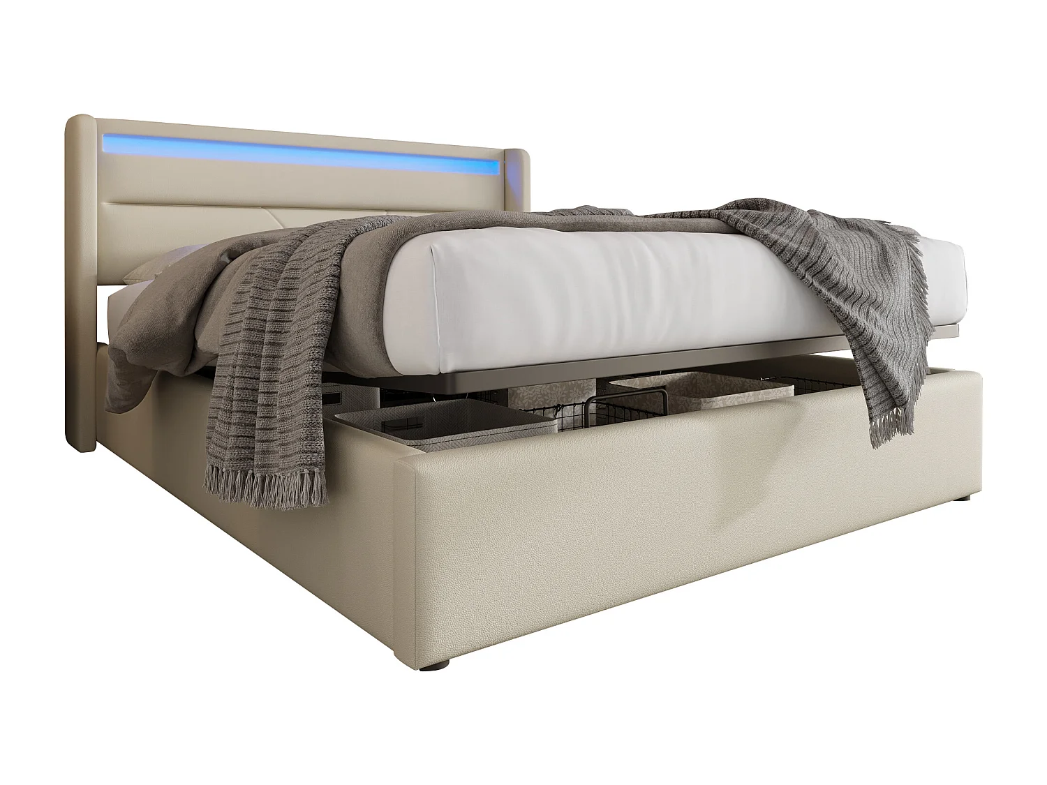 Gepolsterd Bed Tweepersoons 140x200 Hydraulisch Met LED, Opbergruimte, Houten Lattenbodem, Similicuir Wit (met Matras)