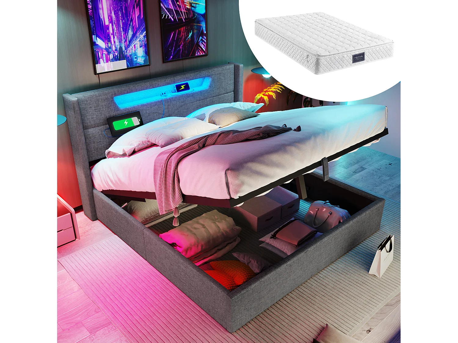 Lit rembourré LED 140x200 cm, lit double avec port USB-C, tête de lit éclairée et espace de rangement, tissu lin avec matelas