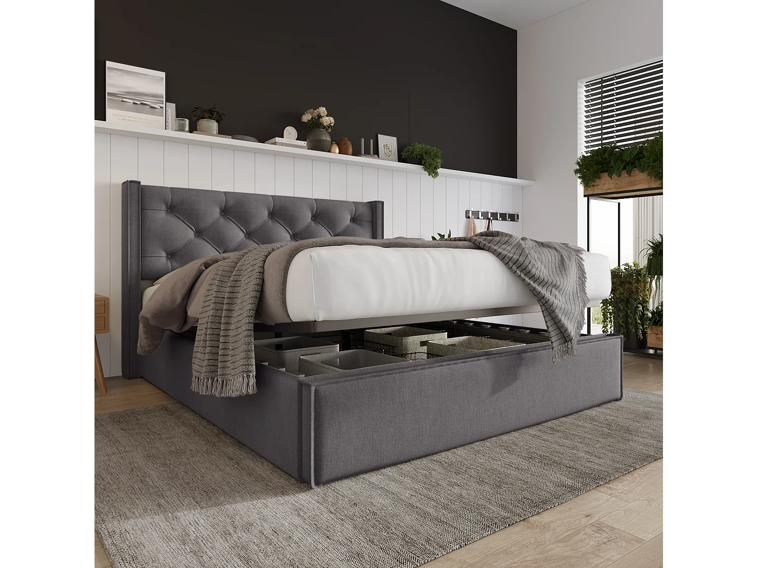 Lit rembourré hydraulique double 140x200 cm, cadre métal avec sommier, rangement, coton gris, avec matelas