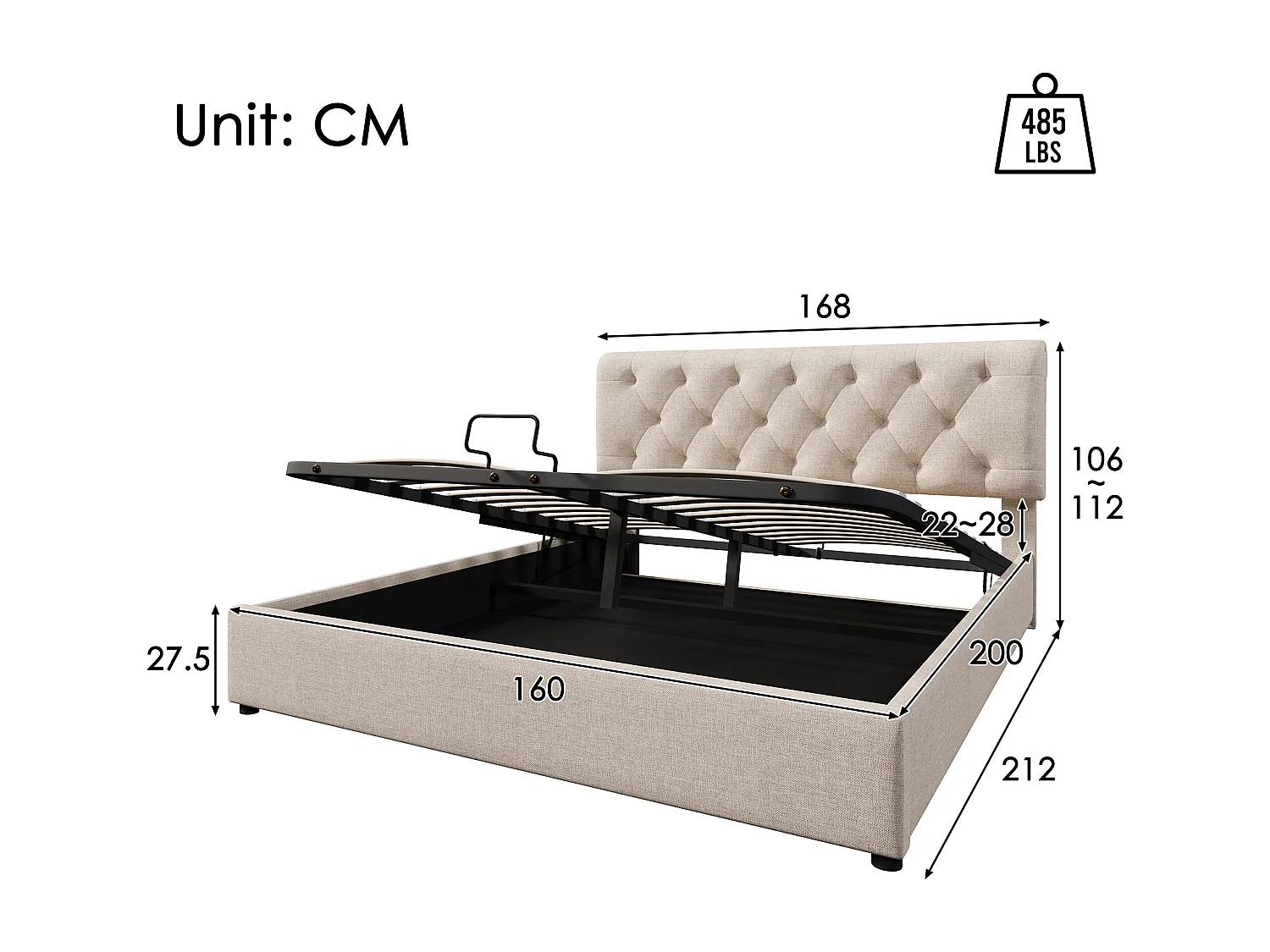 Lit rembourré hydraulique double 160x200 cm, tête réglable, cadre métal avec sommier, lin naturel, rangement, avec matelas