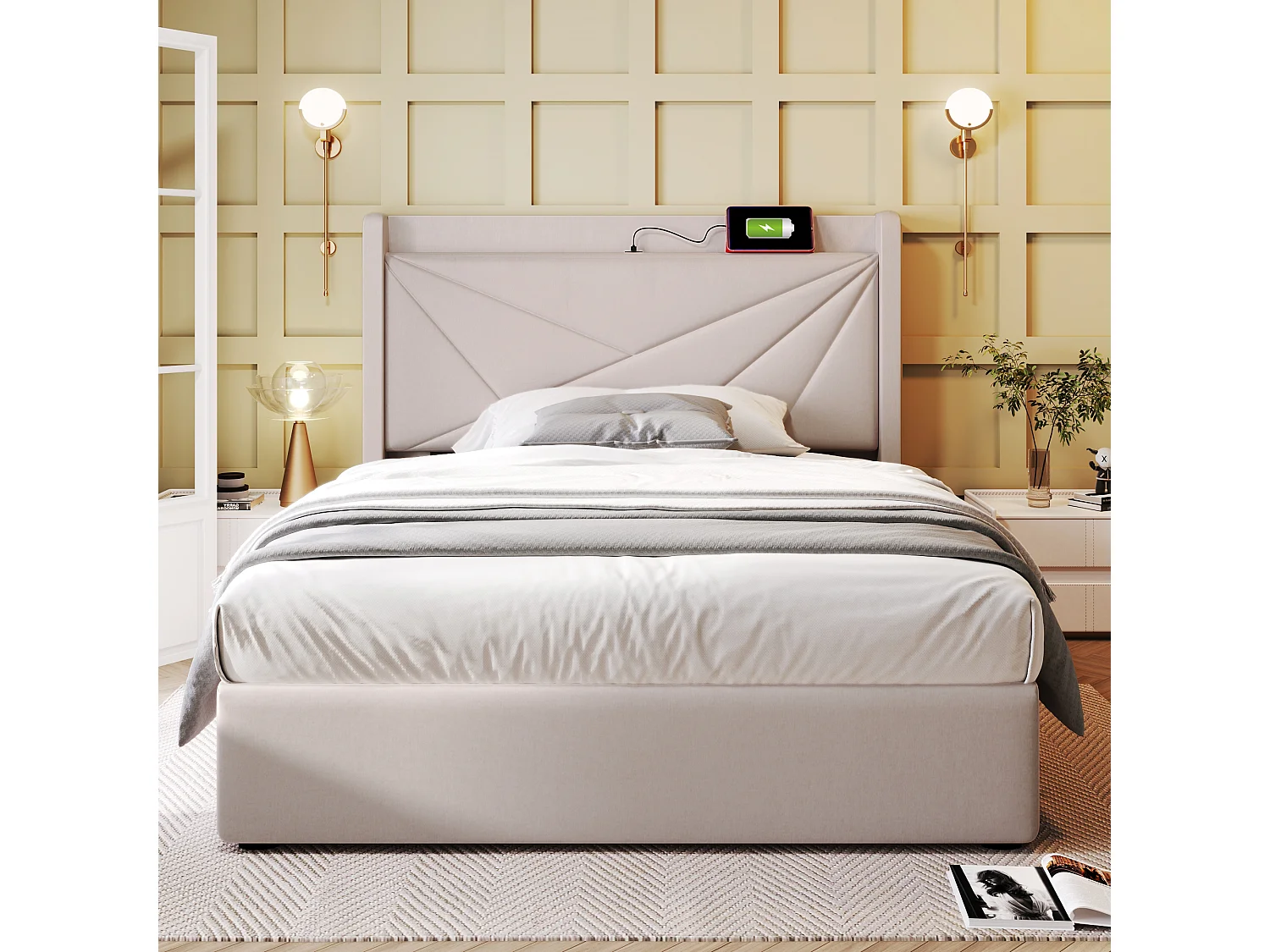 Gepolsterd Bed Eenpersoons Met Opbergruimte 90x200 Cm, Opbergruimte, Hoofdeinde Met USB Type-c, Cadre En Linnen, Met Lattenbodem En Matras