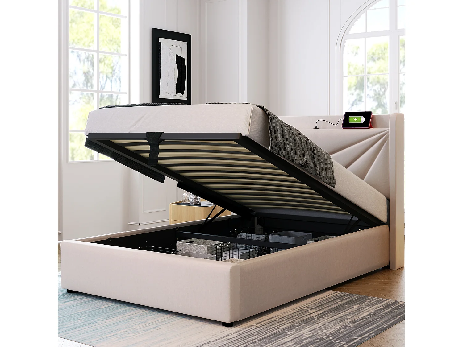 Gepolsterd Bed Eenpersoons Met Opbergruimte 90x200 Cm, Opbergruimte, Hoofdeinde Met USB Type-c, Cadre En Linnen, Met Lattenbodem En Matras