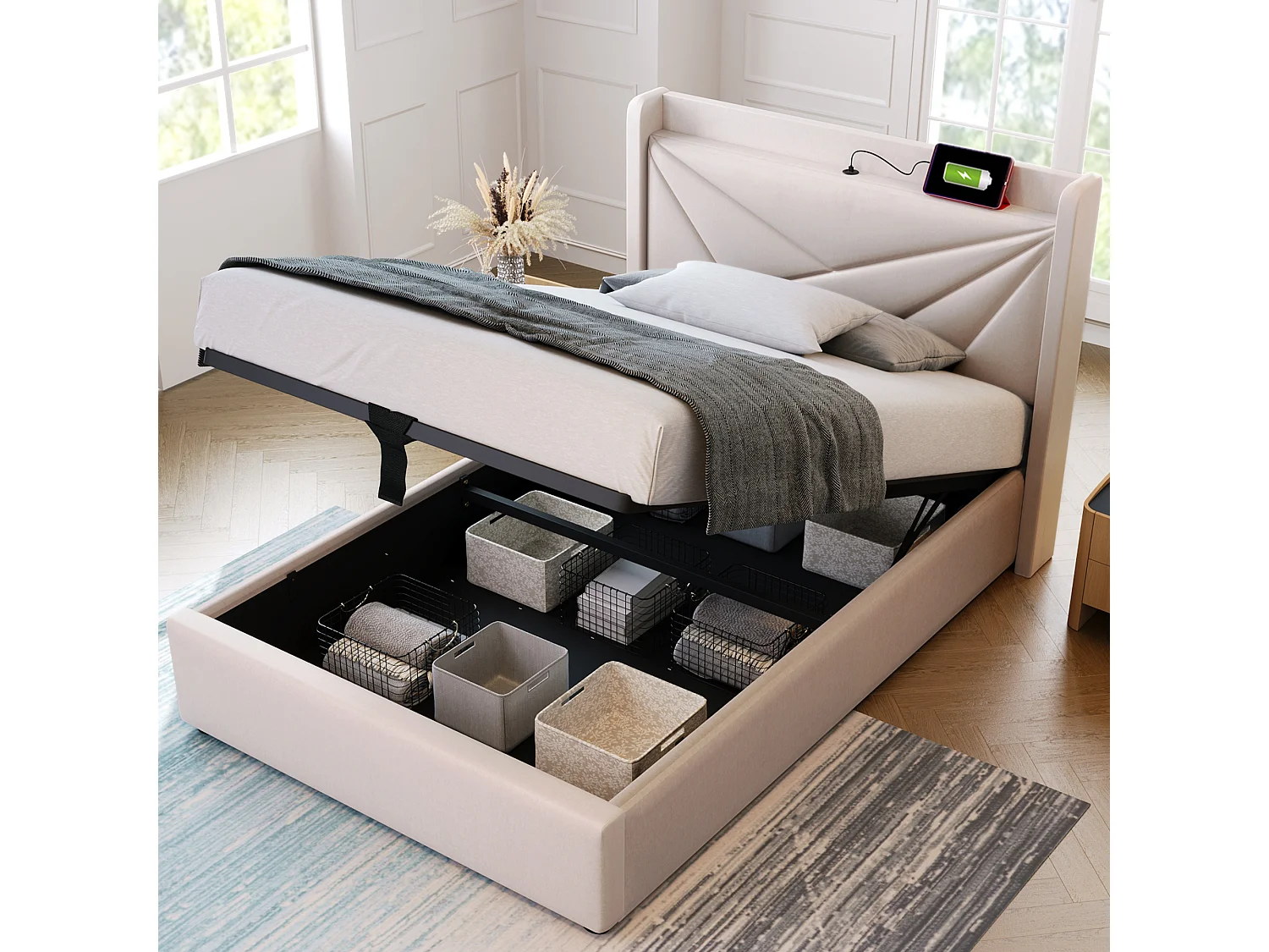 Gepolsterd Bed Eenpersoons Met Opbergruimte 90x200 Cm, Opbergruimte, Hoofdeinde Met USB Type-c, Cadre En Linnen, Met Lattenbodem En Matras