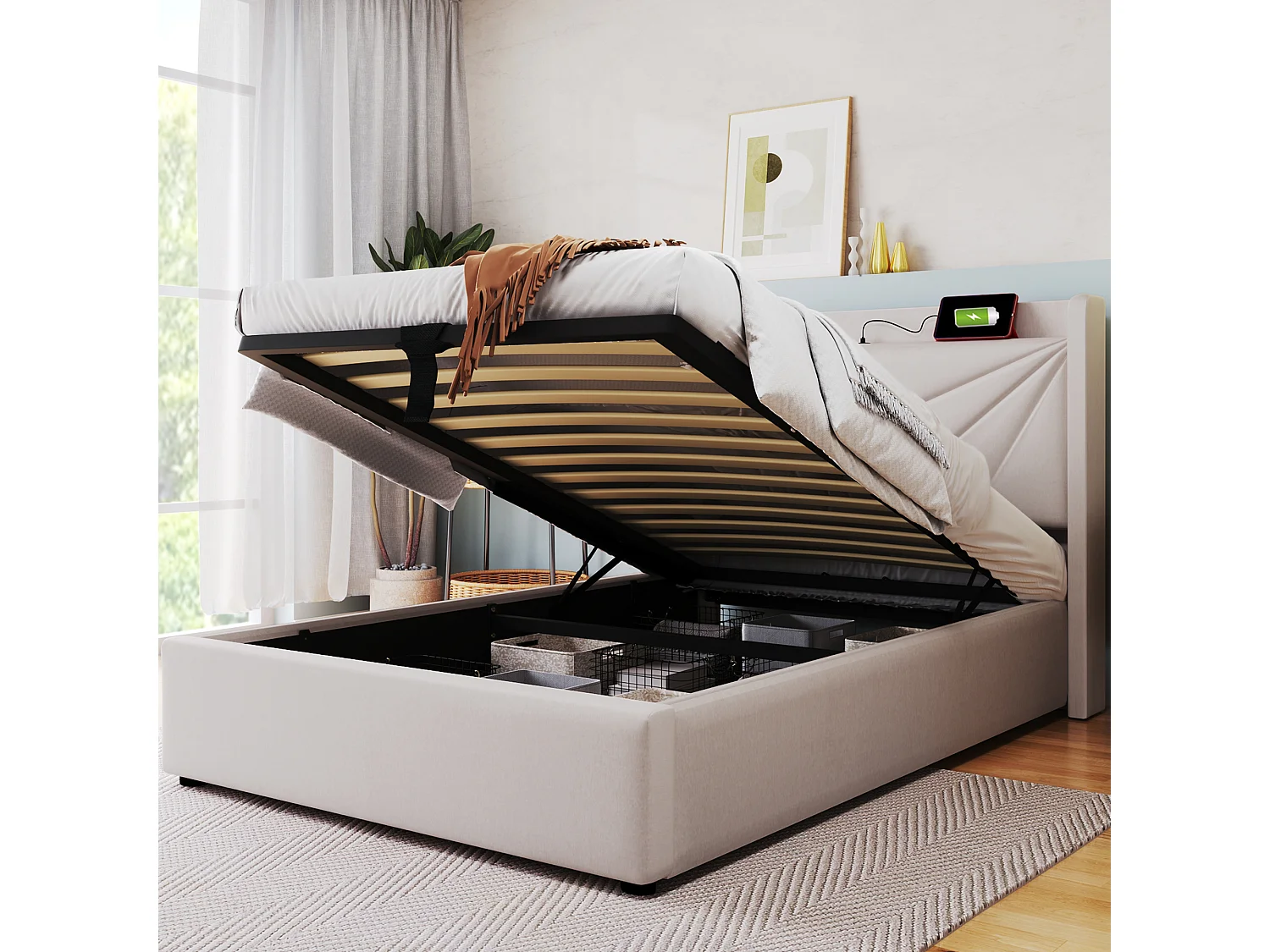 Gepolsterd Bed Eenpersoons Met Opbergruimte 90x200 Cm, Opbergruimte, Hoofdeinde Met USB Type-c, Cadre En Linnen, Met Lattenbodem En Matras