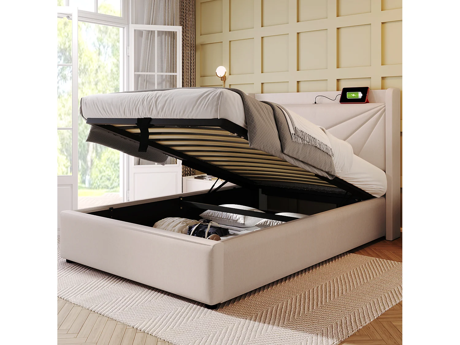 Gepolsterd Bed Eenpersoons Met Opbergruimte 90x200 Cm, Opbergruimte, Hoofdeinde Met USB Type-c, Cadre En Linnen, Met Lattenbodem En Matras