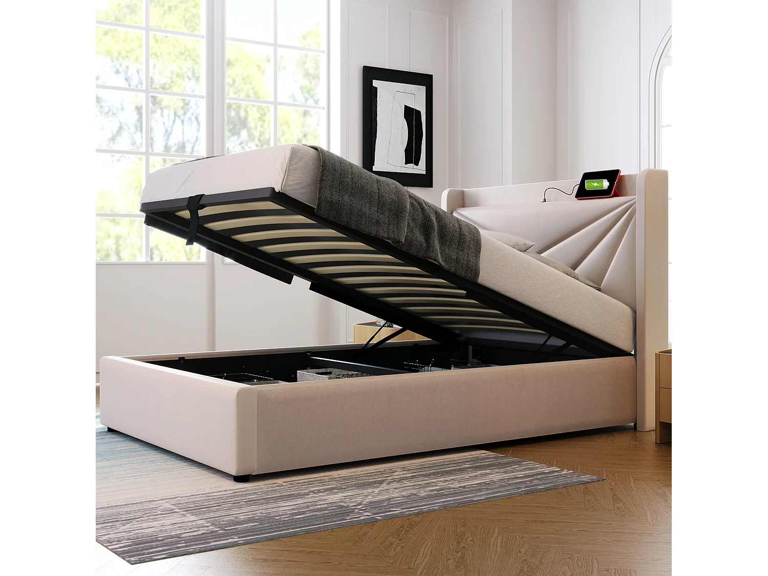 Gepolsterd Bed Eenpersoons Met Opbergruimte 90x200 Cm, Opbergruimte, Hoofdeinde Met USB Type-c, Cadre En Linnen, Met Lattenbodem En Matras