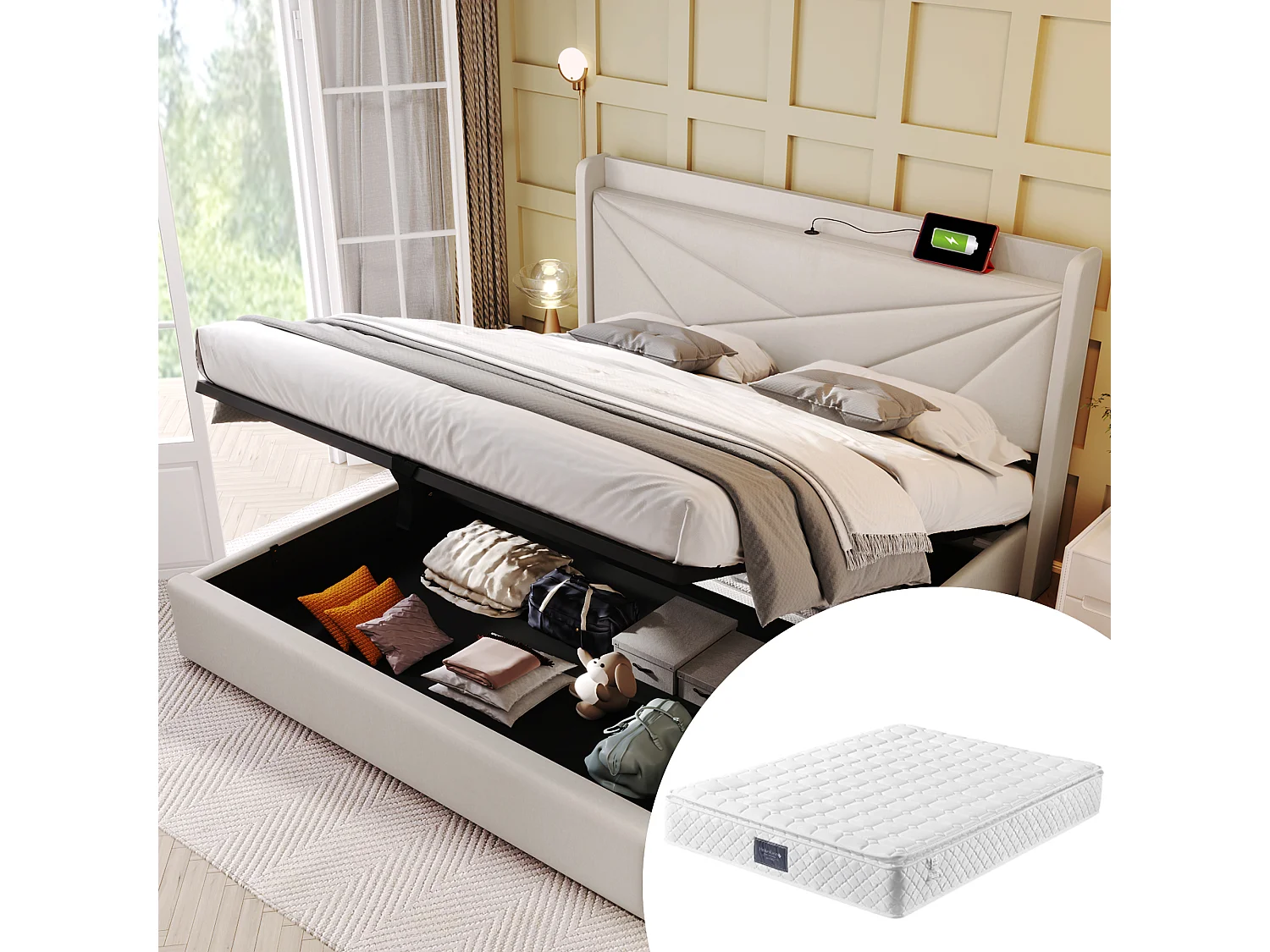 Gepolsterd Bed Tweepersoons Met Opbergruimte 140x200 Cm, Opbergruimte, Hoofdeinde Met USB Type-c, Cadre En Linnen, Met Lattenbodem En Matras