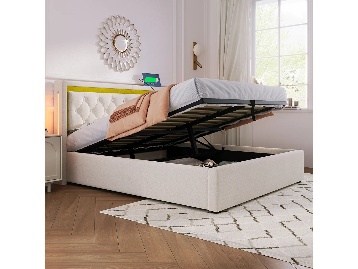 Bed LED Tweepersoons 160x200 Cm Met Opbergruimte, Hoofdeinde Verlichtend En Usb-poort-c, Stof Katoen, Met Matras Inbegrepen