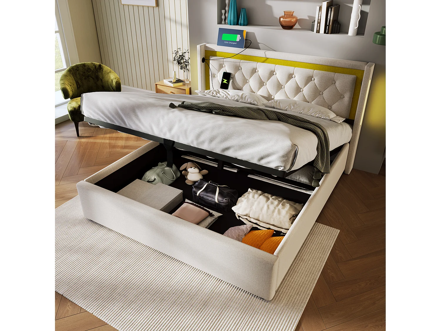 Bed LED Tweepersoons 160x200 Cm Met Opbergruimte, Hoofdeinde Verlichtend En Usb-poort-c, Stof Katoen, Met Matras Inbegrepen