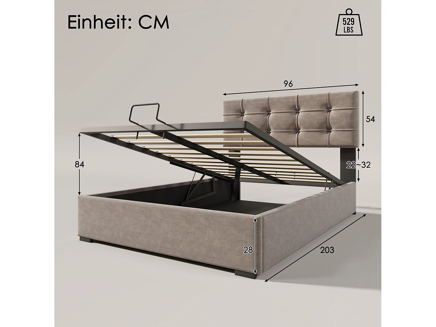 Gepolsterd Bed Eenpersoons Hydraulisch 90x200 Cm, Tête Réglable, Lattenbodem Metaal, Cadre Velours, Opbergruimte Geïntegreerd, Licht Grijs, Met Matras