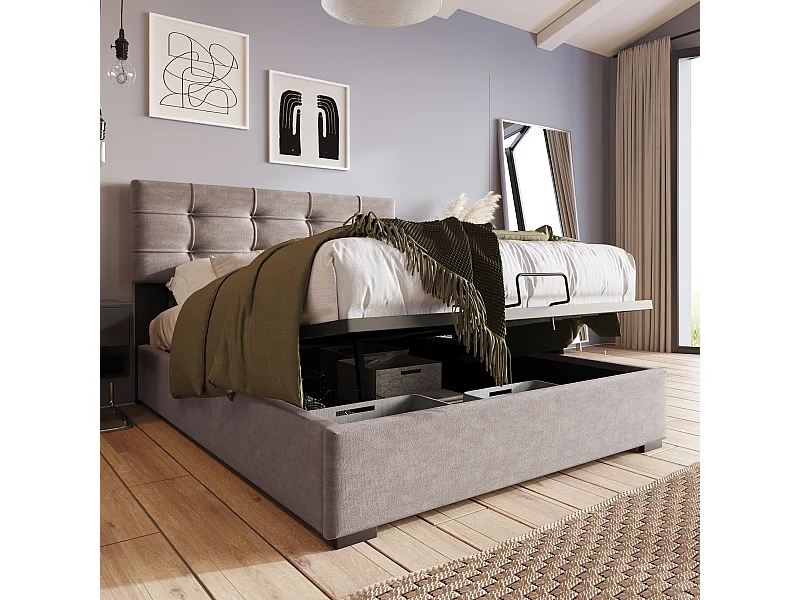 Gepolsterd Bed Eenpersoons Hydraulisch 90x200 Cm, Tête Réglable, Lattenbodem Metaal, Cadre Velours, Opbergruimte Geïntegreerd, Licht Grijs, Met Matras