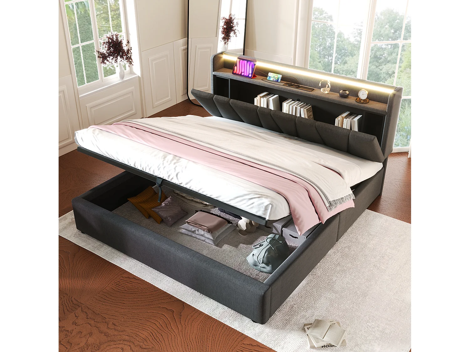 Lit double rembourré 140x200 cm avec tête rangement, USB et LED, 4 tiroirs, sommier bois, tissu gris, avec matelas