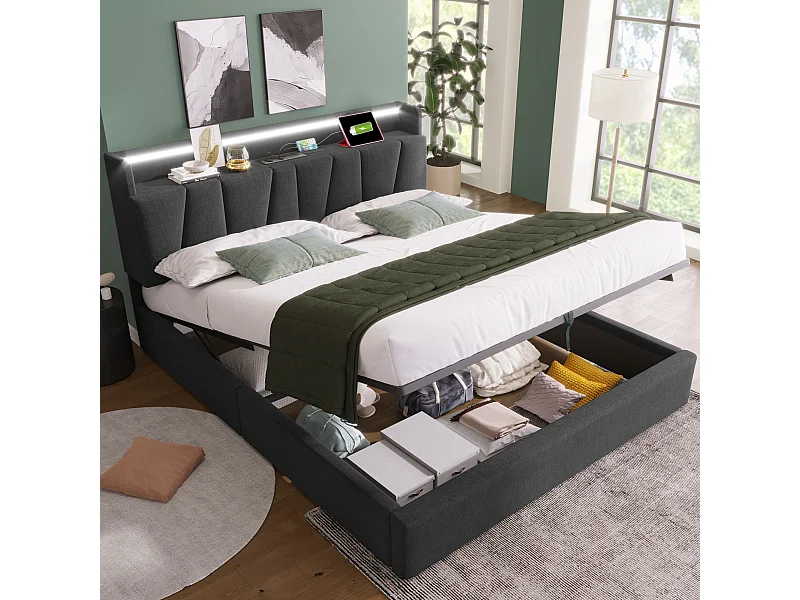 Lit double rembourré 140x200 cm avec tête rangement, USB et LED, 4 tiroirs, sommier bois, tissu gris, avec matelas