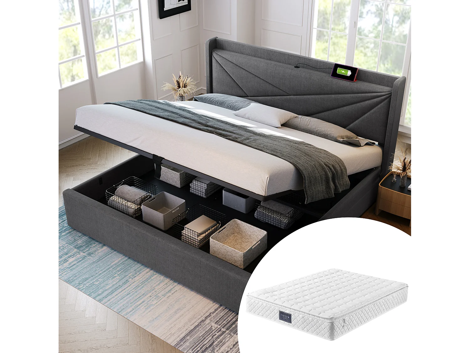 Lit rembourré double avec rangement 140x200 cm, coffre, tête de lit avec USB Type-C, cadre en lin, avec sommier et matelas