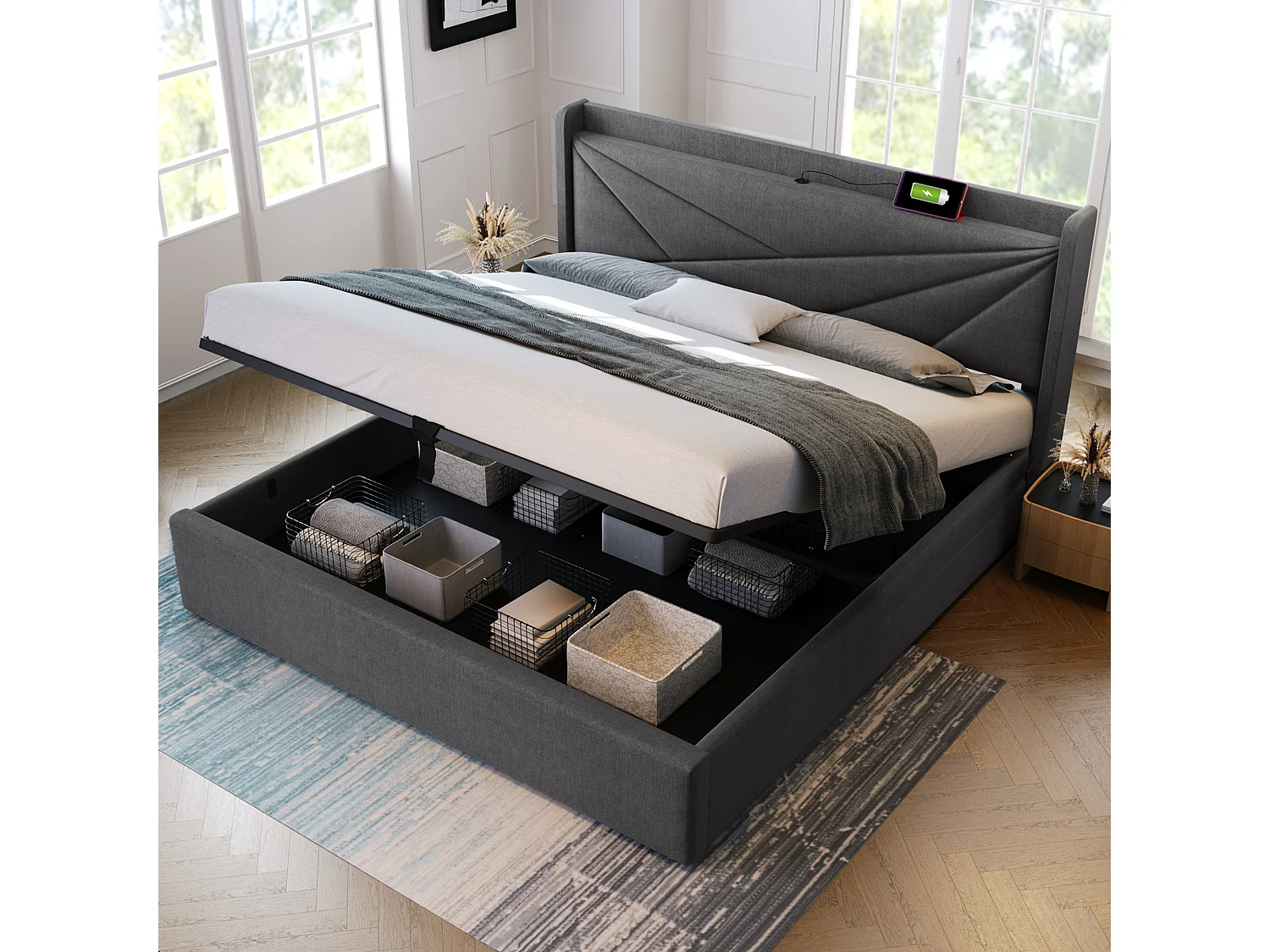 Lit rembourré double avec rangement 140x200 cm, coffre, tête de lit avec USB Type-C, cadre en lin, avec sommier et matelas