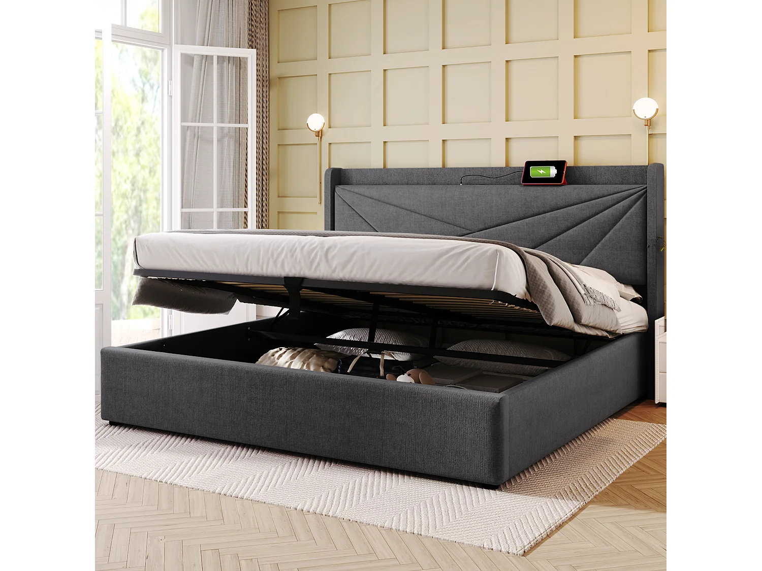 Lit rembourré double avec rangement 140x200 cm, coffre, tête de lit avec USB Type-C, cadre en lin, avec sommier et matelas