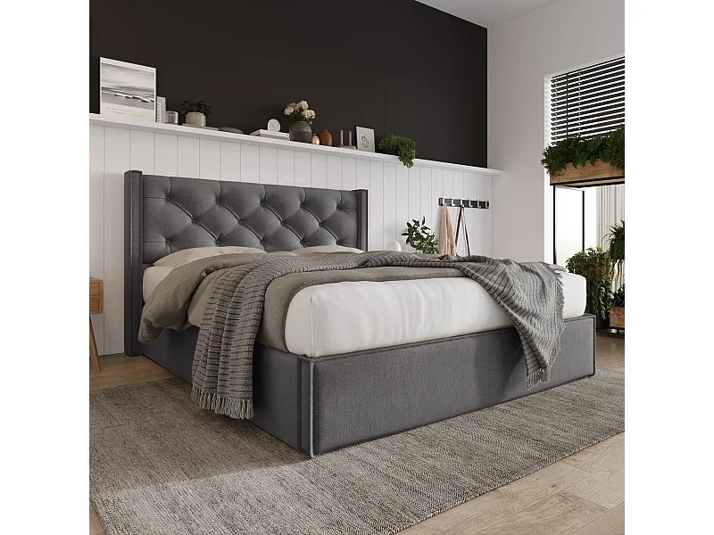 Lit rembourré hydraulique double 160x200 cm, cadre métal avec sommier, rangement, coton gris, avec matelas