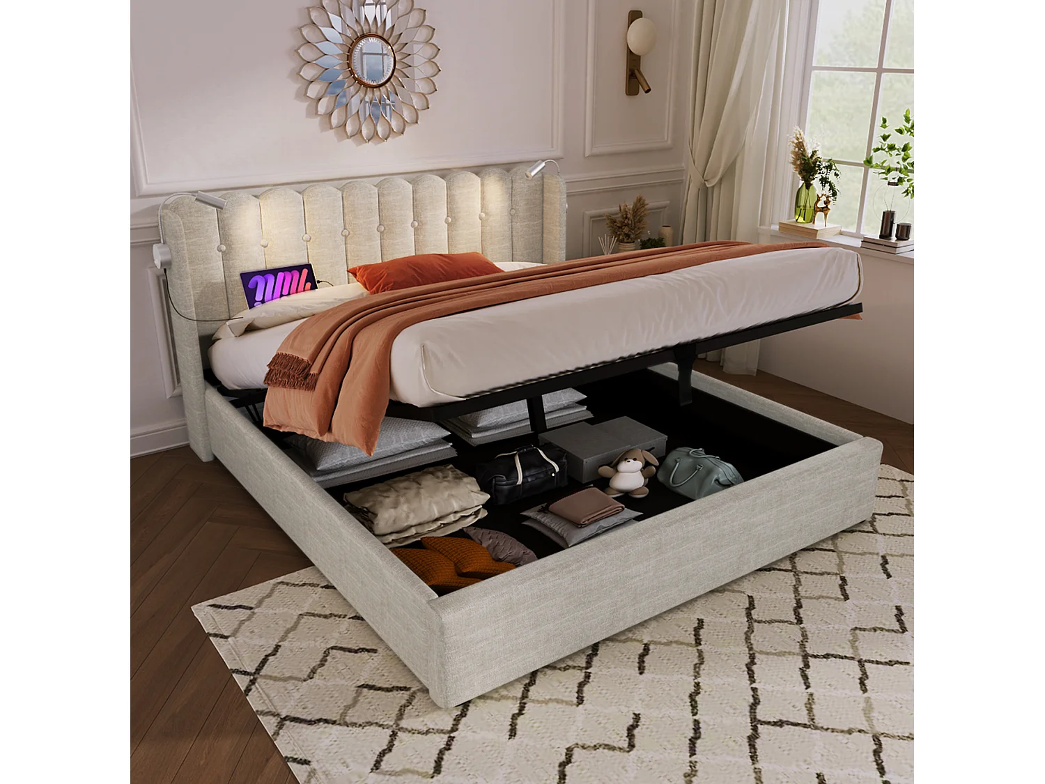 Lit rembourré double 140x200 cm avec liseuse, port USB, tête de lit avec rangement, tissu lin naturel, avec matelas