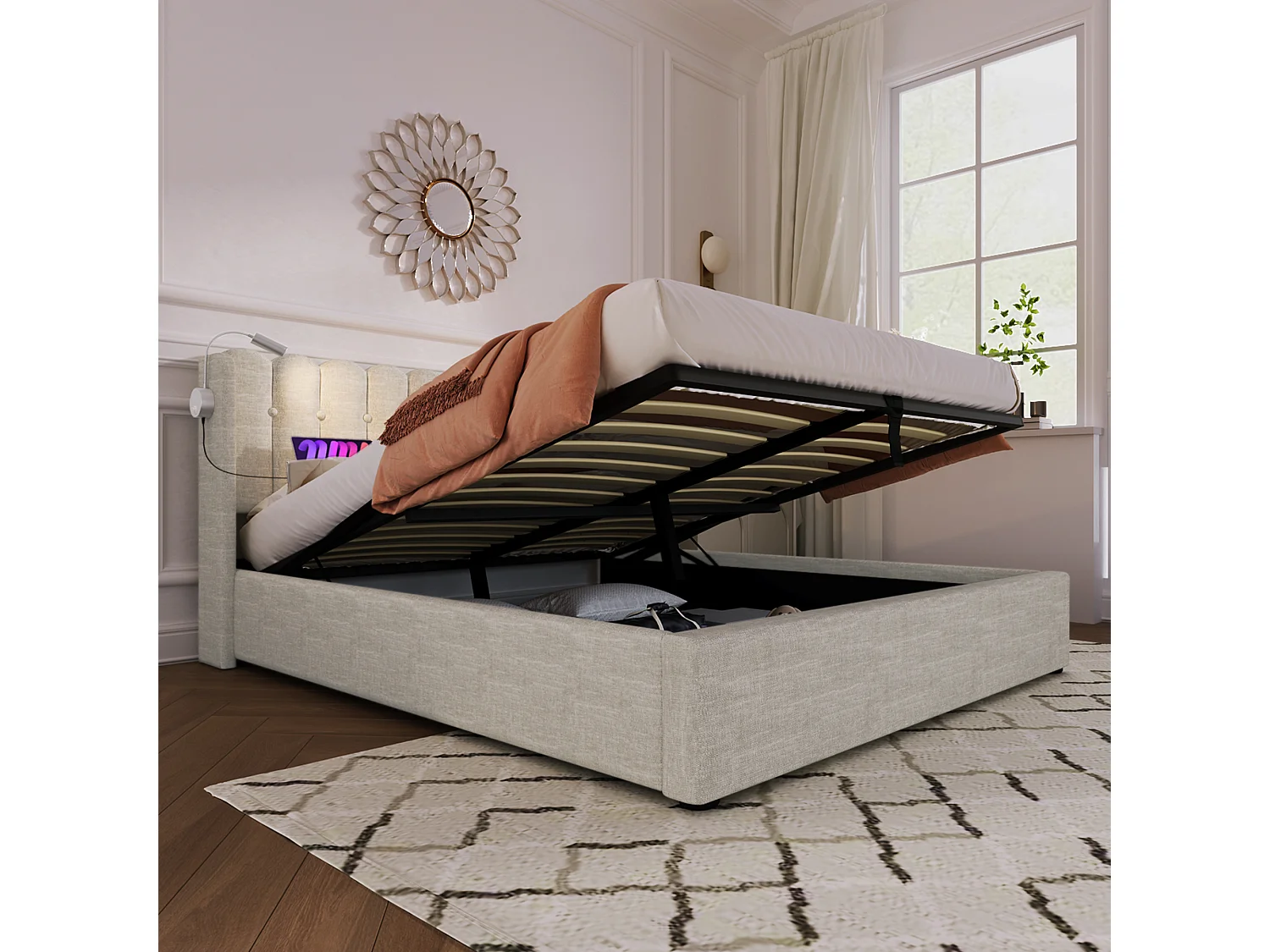 Lit rembourré double 140x200 cm avec liseuse, port USB, tête de lit avec rangement, tissu lin naturel, avec matelas