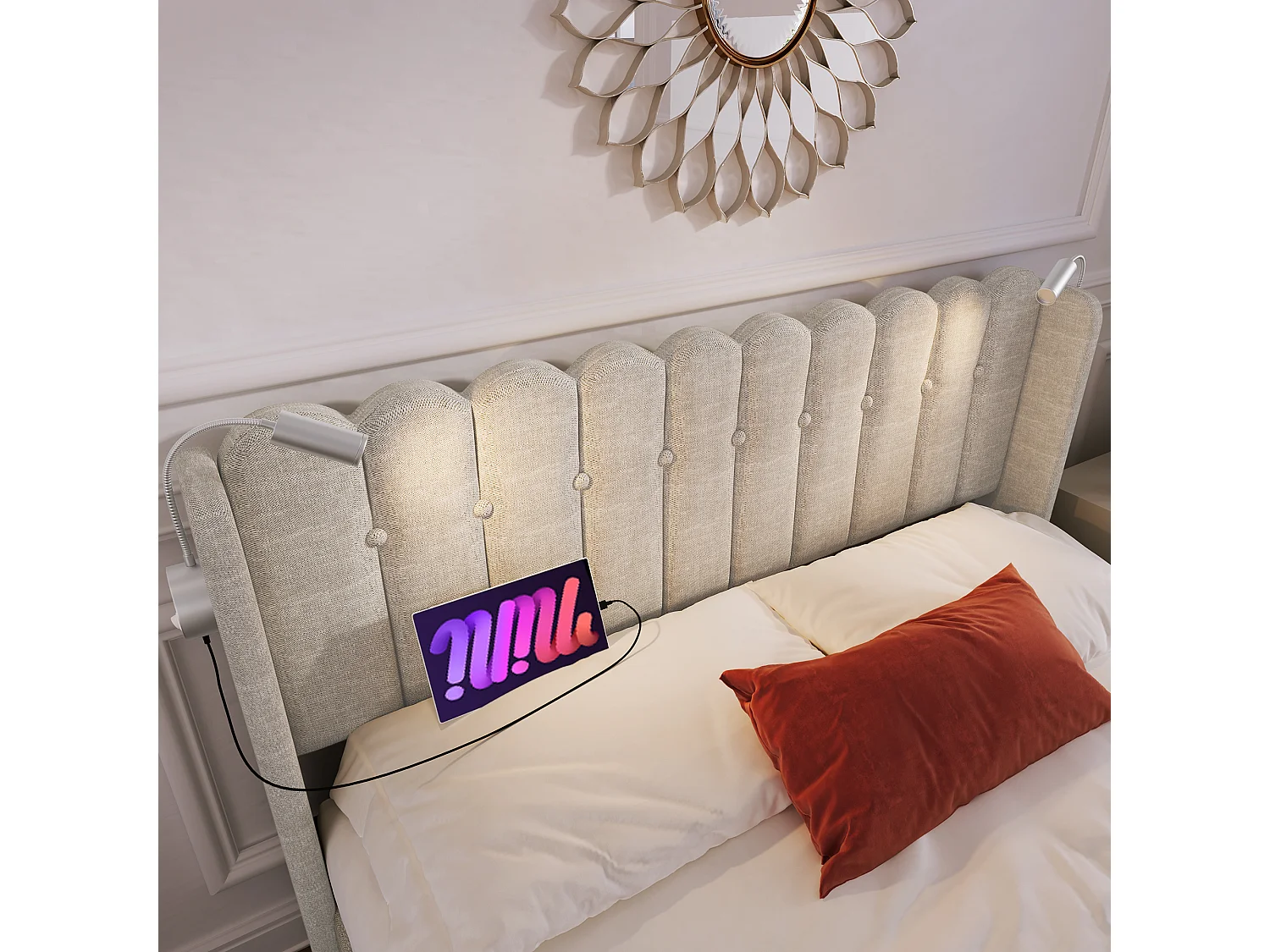 Lit rembourré double 140x200 cm avec liseuse, port USB, tête de lit avec rangement, tissu lin naturel, avec matelas