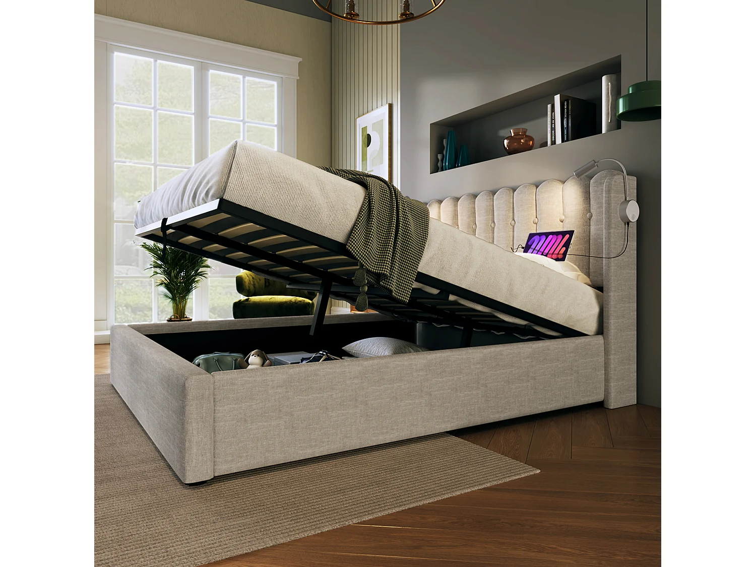 Lit rembourré double 140x200 cm avec liseuse, port USB, tête de lit avec rangement, tissu lin naturel, avec matelas