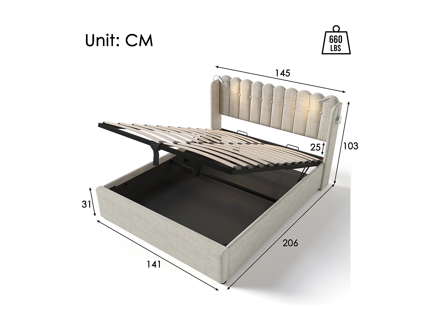 Lit rembourré double 140x200 cm avec liseuse, port USB, tête de lit avec rangement, tissu lin naturel, avec matelas
