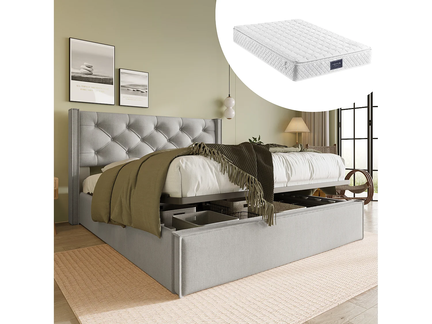 Lit rembourré hydraulique double 140x200 cm, cadre métal avec sommier, rangement, coton gris clair, avec matelas