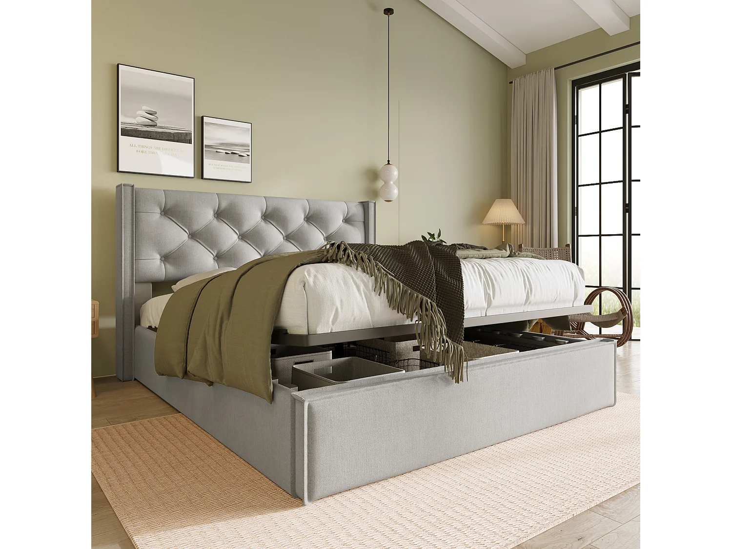 Lit rembourré hydraulique double 140x200 cm, cadre métal avec sommier, rangement, coton gris clair, avec matelas