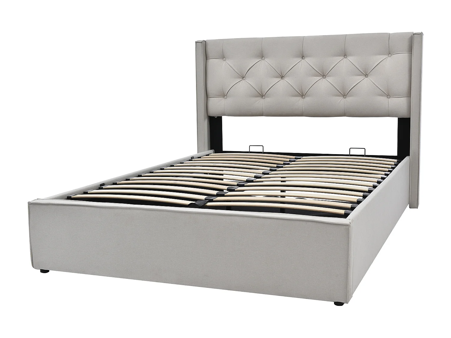 Lit rembourré hydraulique double 140x200 cm, cadre métal avec sommier, rangement, coton gris clair, avec matelas