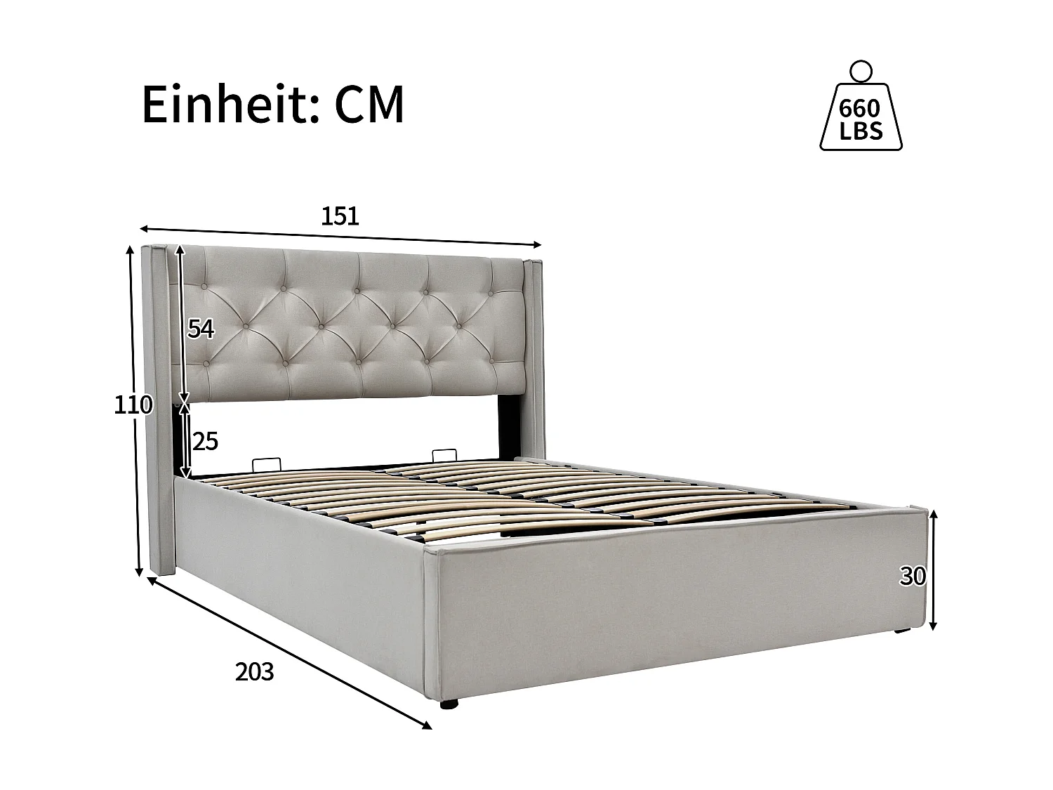 Lit rembourré hydraulique double 140x200 cm, cadre métal avec sommier, rangement, coton gris clair, avec matelas
