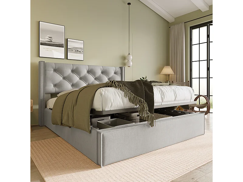 Lit rembourré hydraulique double 160x200 cm, cadre métal avec sommier, rangement, coton gris clair, avec matelas