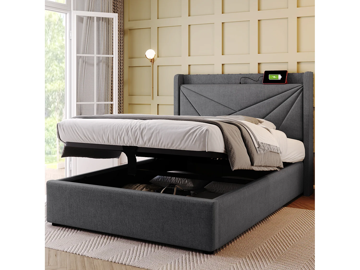 Gepolsterd Bed Eenpersoons Met Opbergruimte 90x200 Cm, Opbergruimte, Hoofdeinde Met USB Type-c, Cadre En Linnen, Met Lattenbodem En Matras