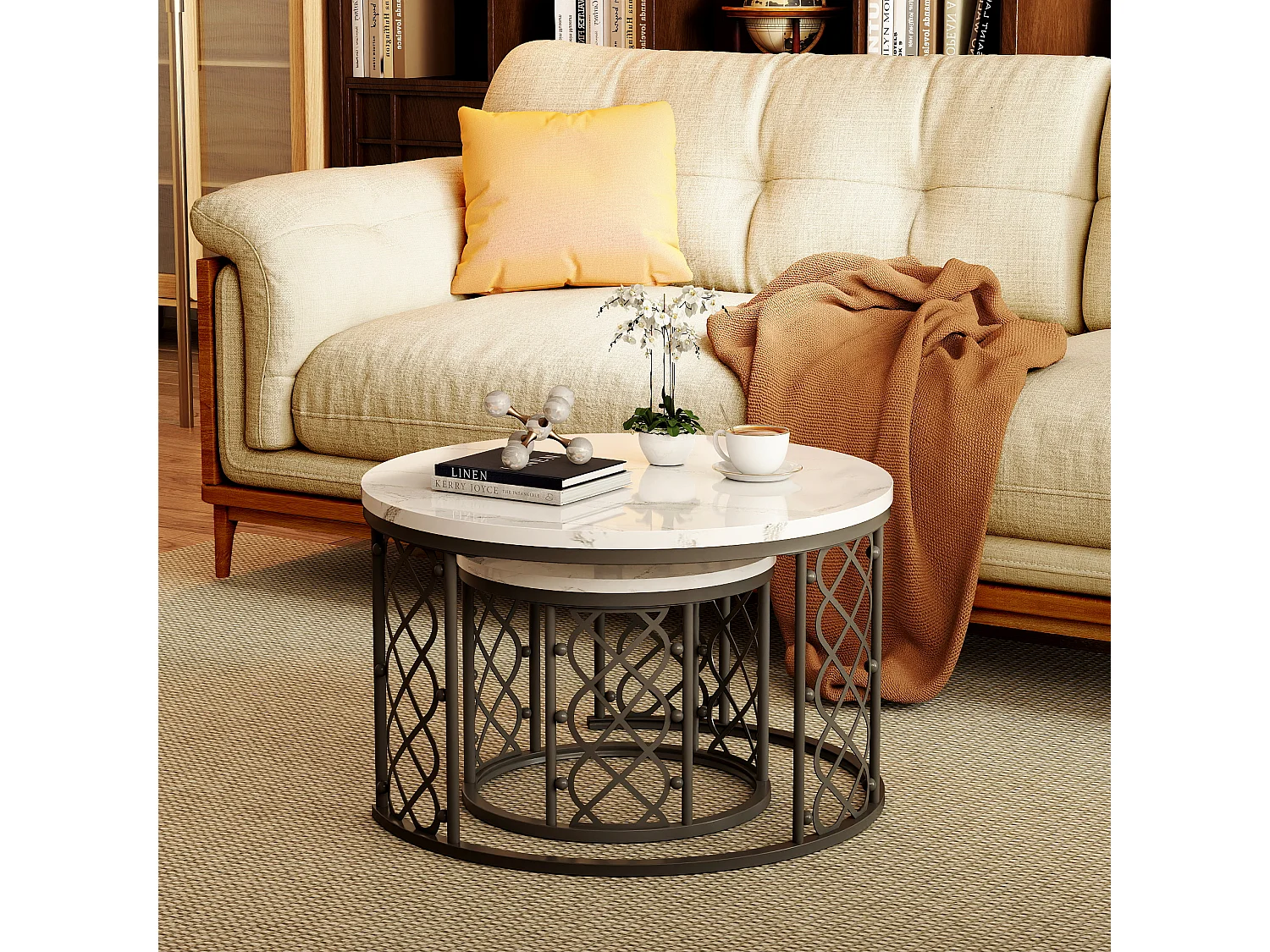 Table basse Maisentiel Gigogne ronde 2 pièces effet marbre plateau metaal zwart motif cœur ajouré empilable wit et zwart