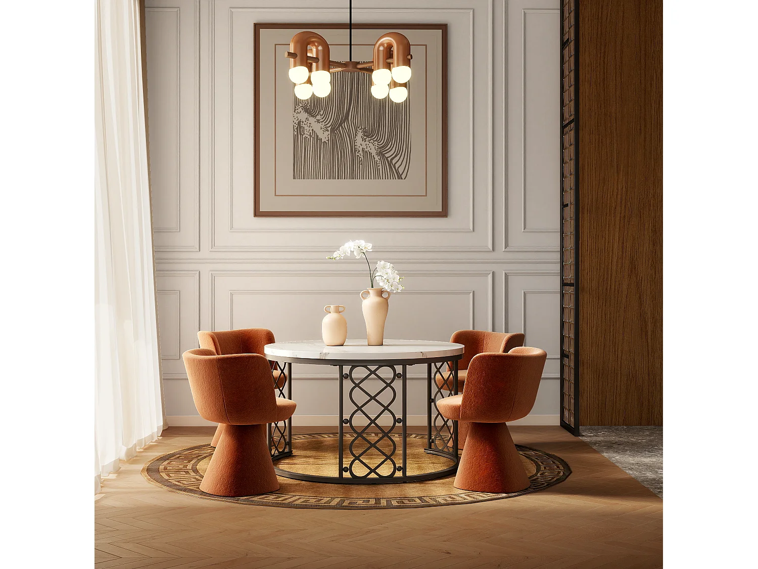 Table basse Maisentiel Gigogne ronde 2 pièces effet marbre plateau metaal zwart motif cœur ajouré empilable wit et zwart