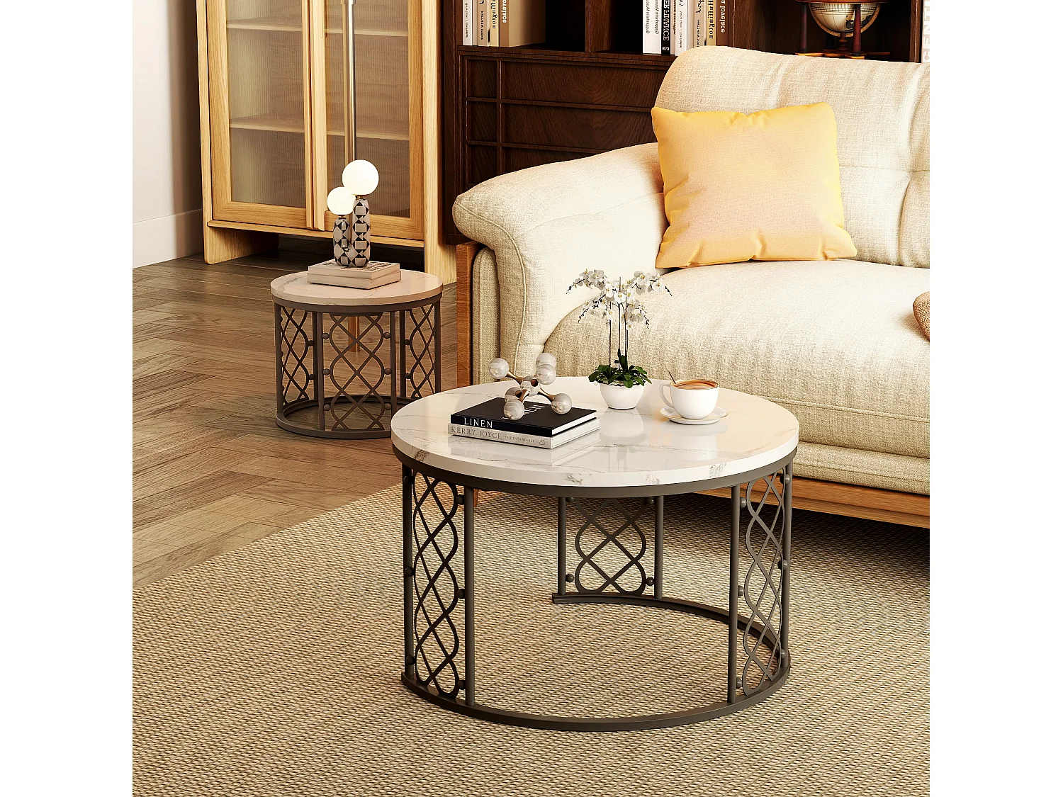 Table basse Maisentiel Gigogne ronde 2 pièces effet marbre plateau metaal zwart motif cœur ajouré empilable wit et zwart