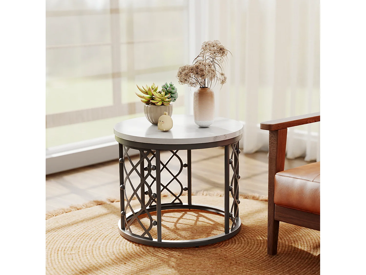 Table basse Maisentiel Gigogne ronde 2 pièces effet marbre plateau metaal zwart motif cœur ajouré empilable wit et zwart