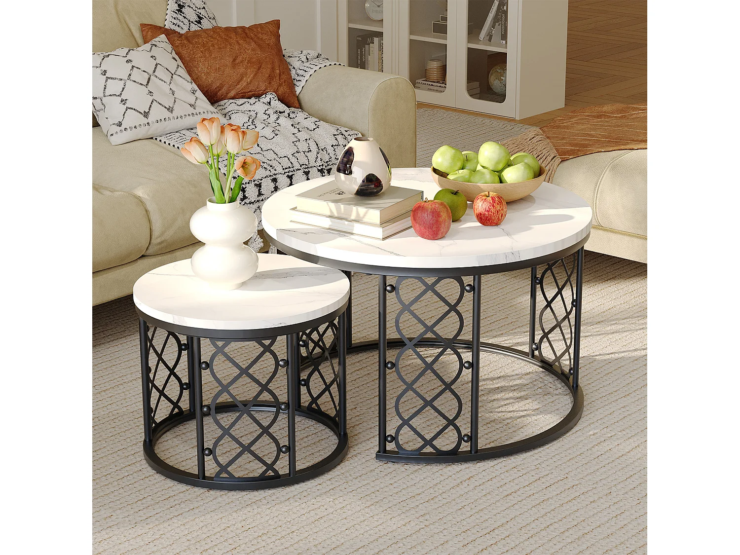 Table basse Maisentiel Gigogne ronde 2 pièces effet marbre plateau metaal zwart motif cœur ajouré empilable wit et zwart