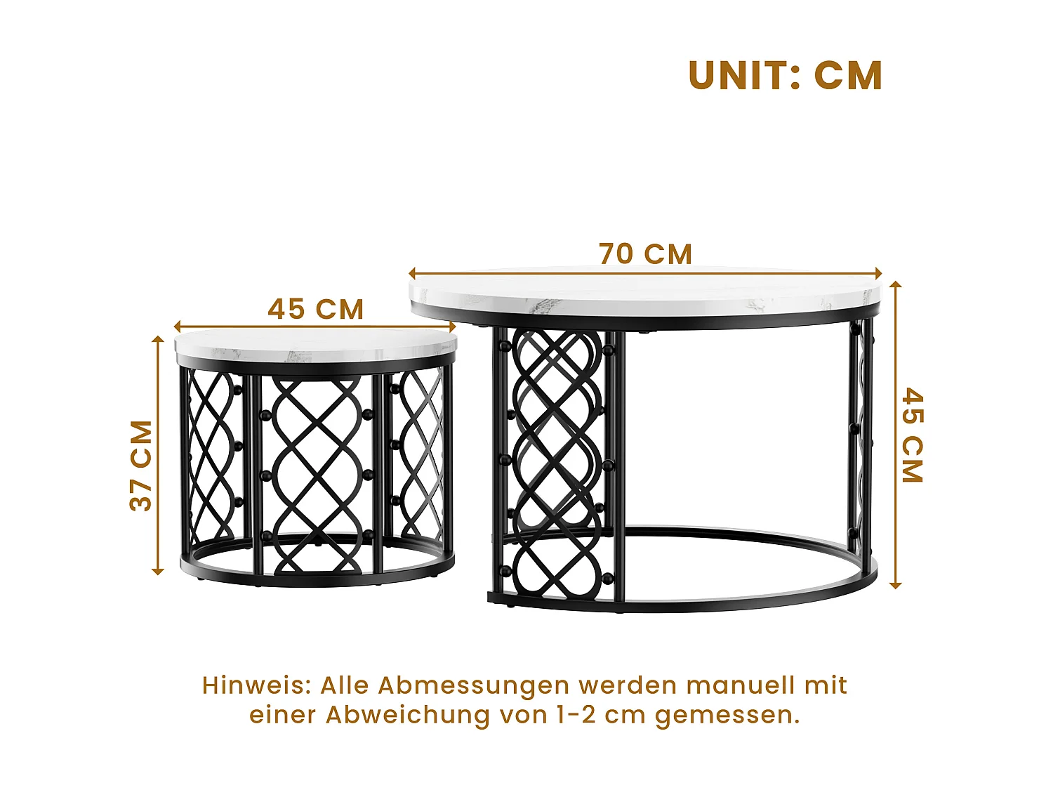 Table basse Maisentiel Gigogne ronde 2 pièces effet marbre plateau metaal zwart motif cœur ajouré empilable wit et zwart