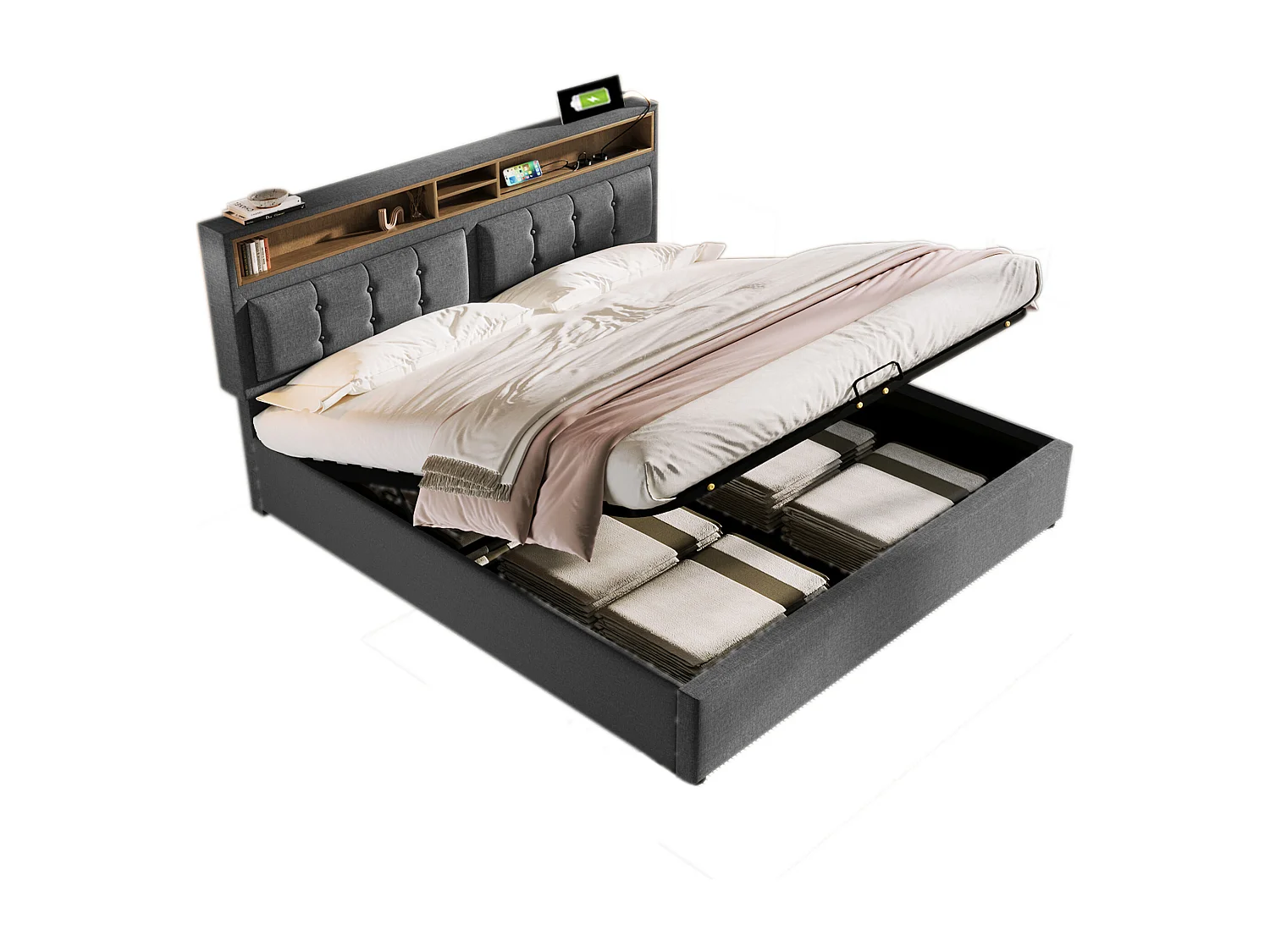 Lit rembourré double 160x200 cm avec chargeur USB-C, tête de lit fonctionnelle, rangement, tissu lin, avec matelas