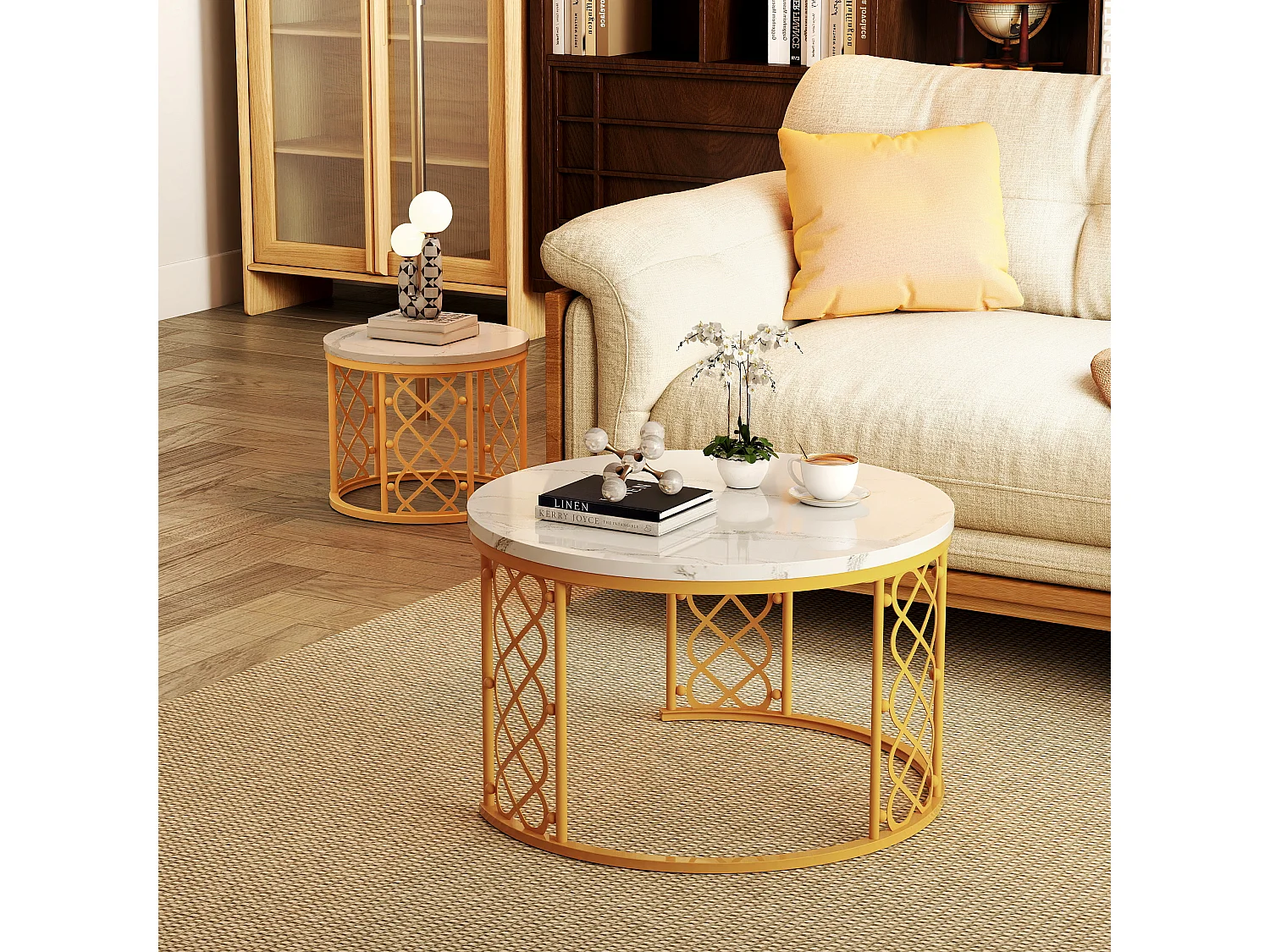 Table basse Maisentiel Gigogne ronde 2 pièces effet marbre plateau metaal or motif cœur ajouré empilable