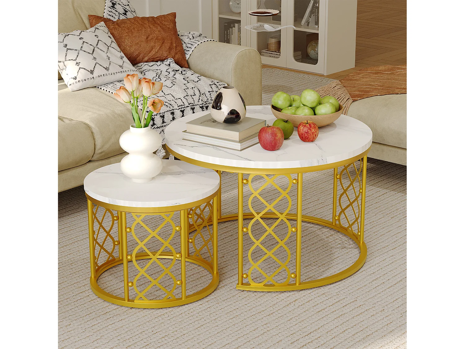 Table basse Maisentiel Gigogne ronde 2 pièces effet marbre plateau metaal or motif cœur ajouré empilable