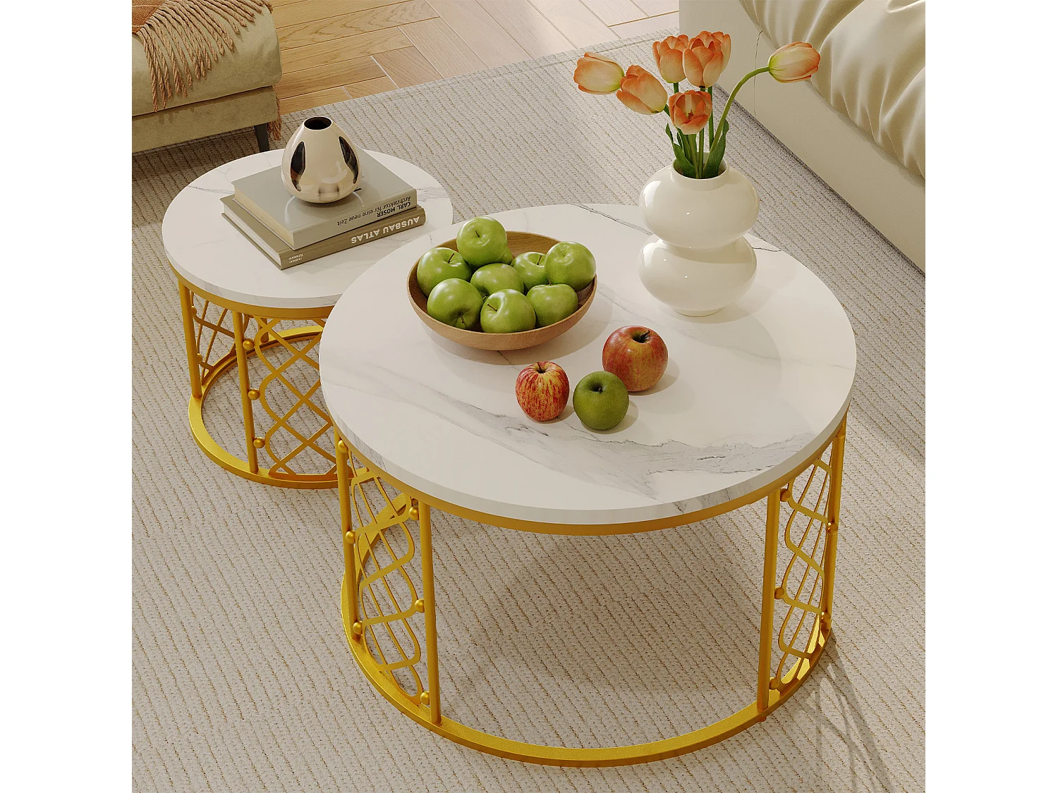 Table basse Maisentiel Gigogne ronde 2 pièces effet marbre plateau metaal or motif cœur ajouré empilable