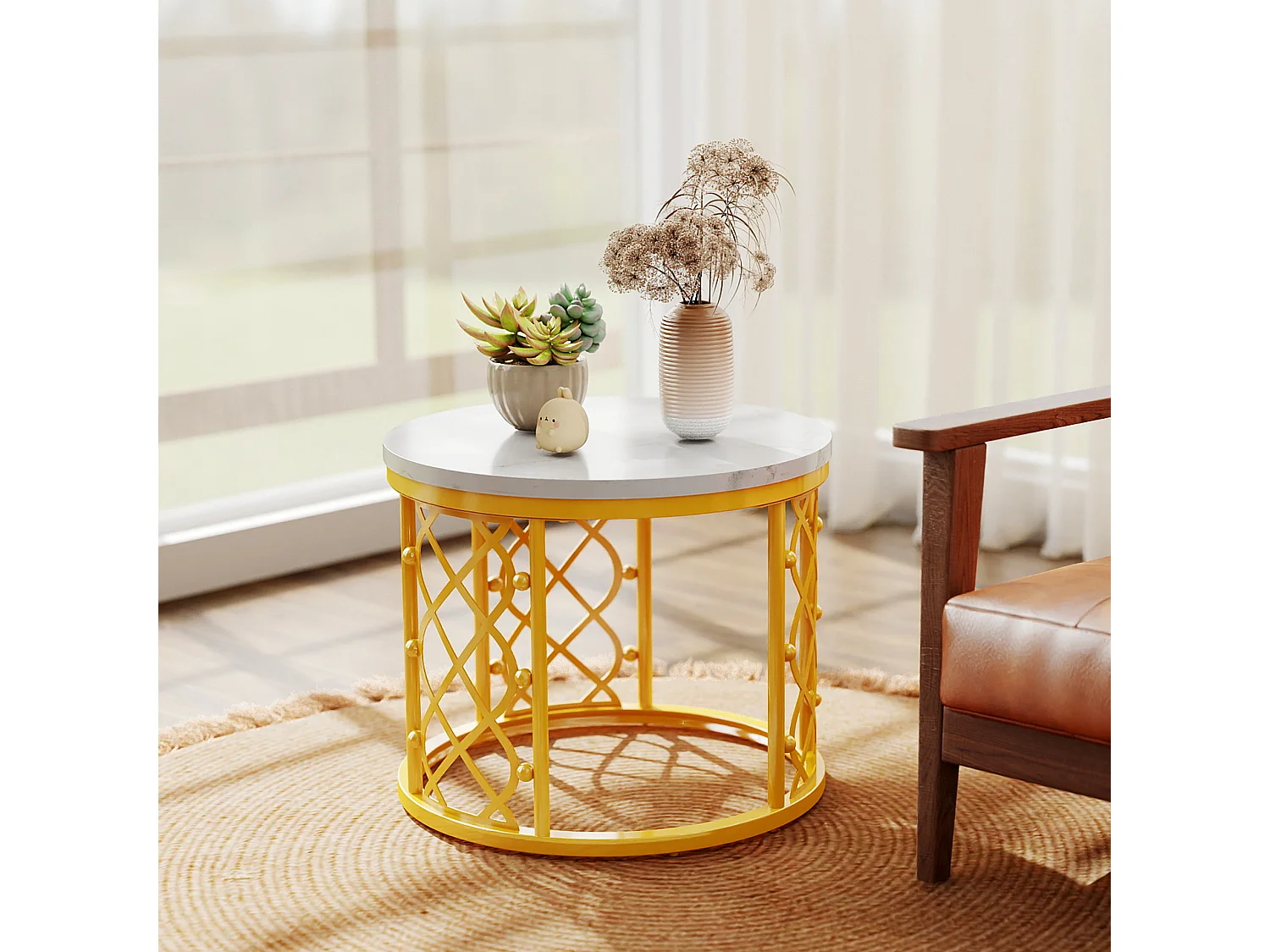 Table basse Maisentiel Gigogne ronde 2 pièces effet marbre plateau metaal or motif cœur ajouré empilable