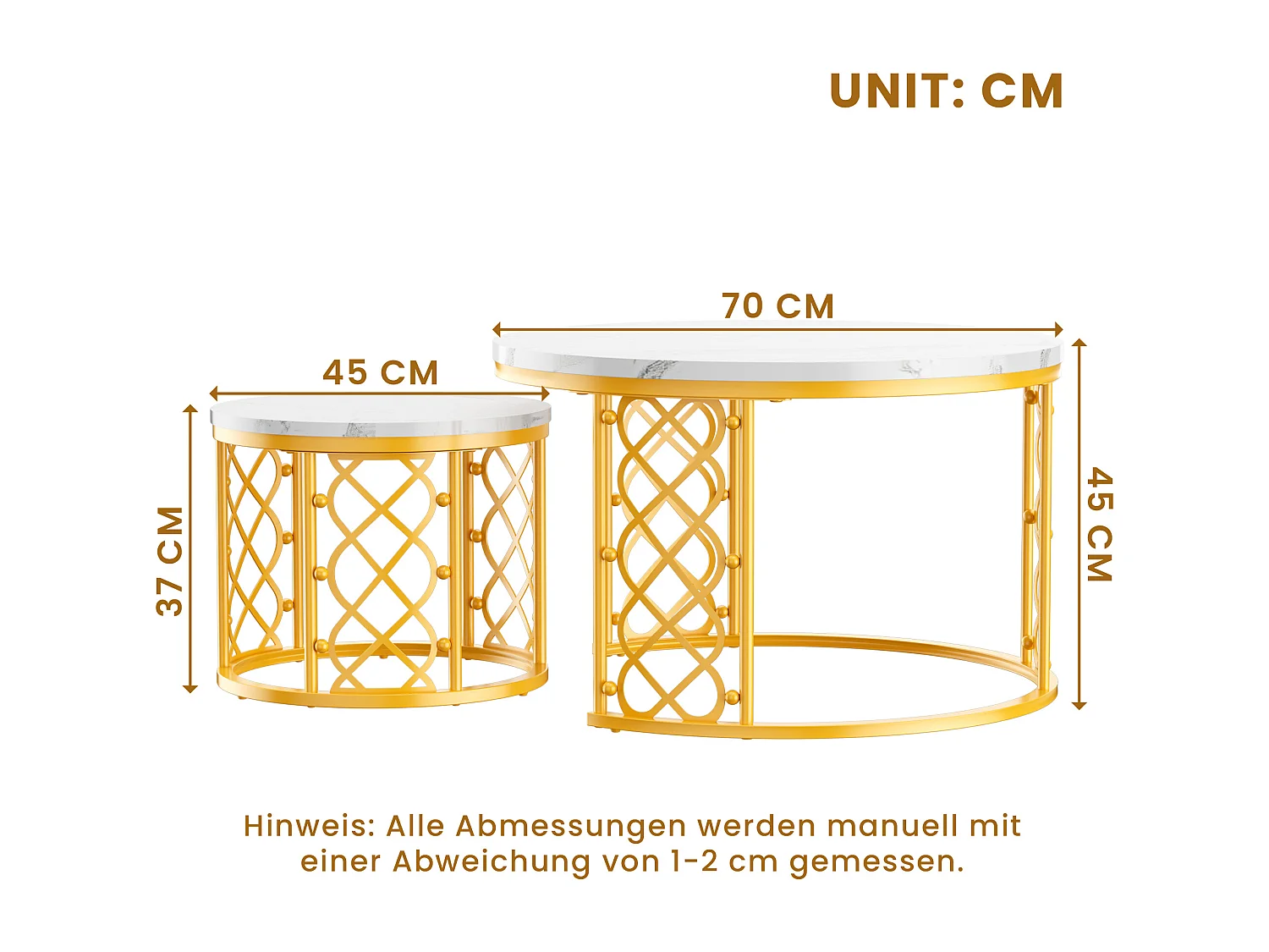 Table basse Maisentiel Gigogne ronde 2 pièces effet marbre plateau metaal or motif cœur ajouré empilable