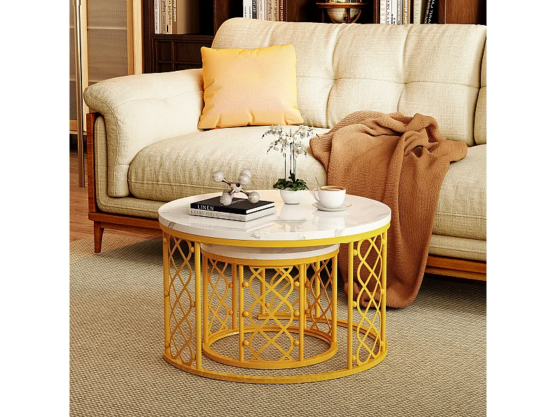 Table basse Maisentiel Gigogne ronde 2 pièces effet marbre plateau metaal or motif cœur ajouré empilable