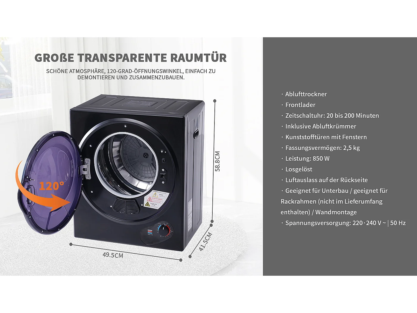 Asciugatrice a sfiato da 2,5 kg con timer da 200 min - temperatura 65 °C